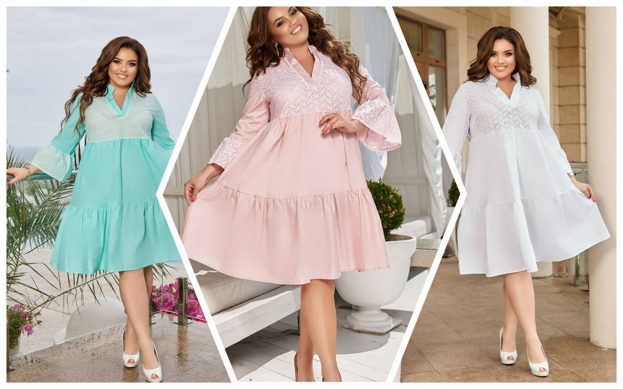 

Летнее свободное платье из прошвы с коттоном большие размеры