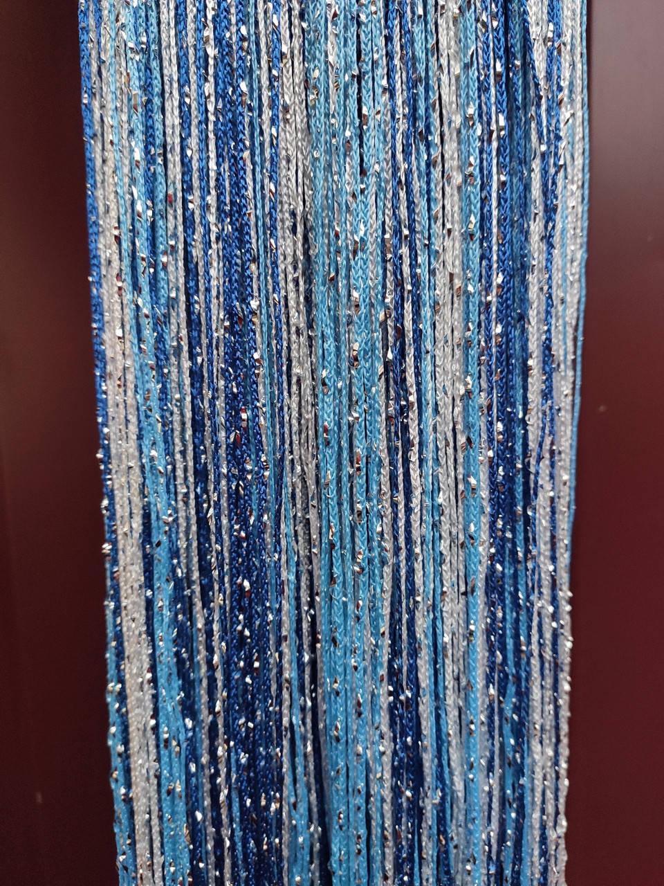 

Шторы нити дождь радуга кисея. Штори нитки з люрексом прямі - білий+синій+голубий