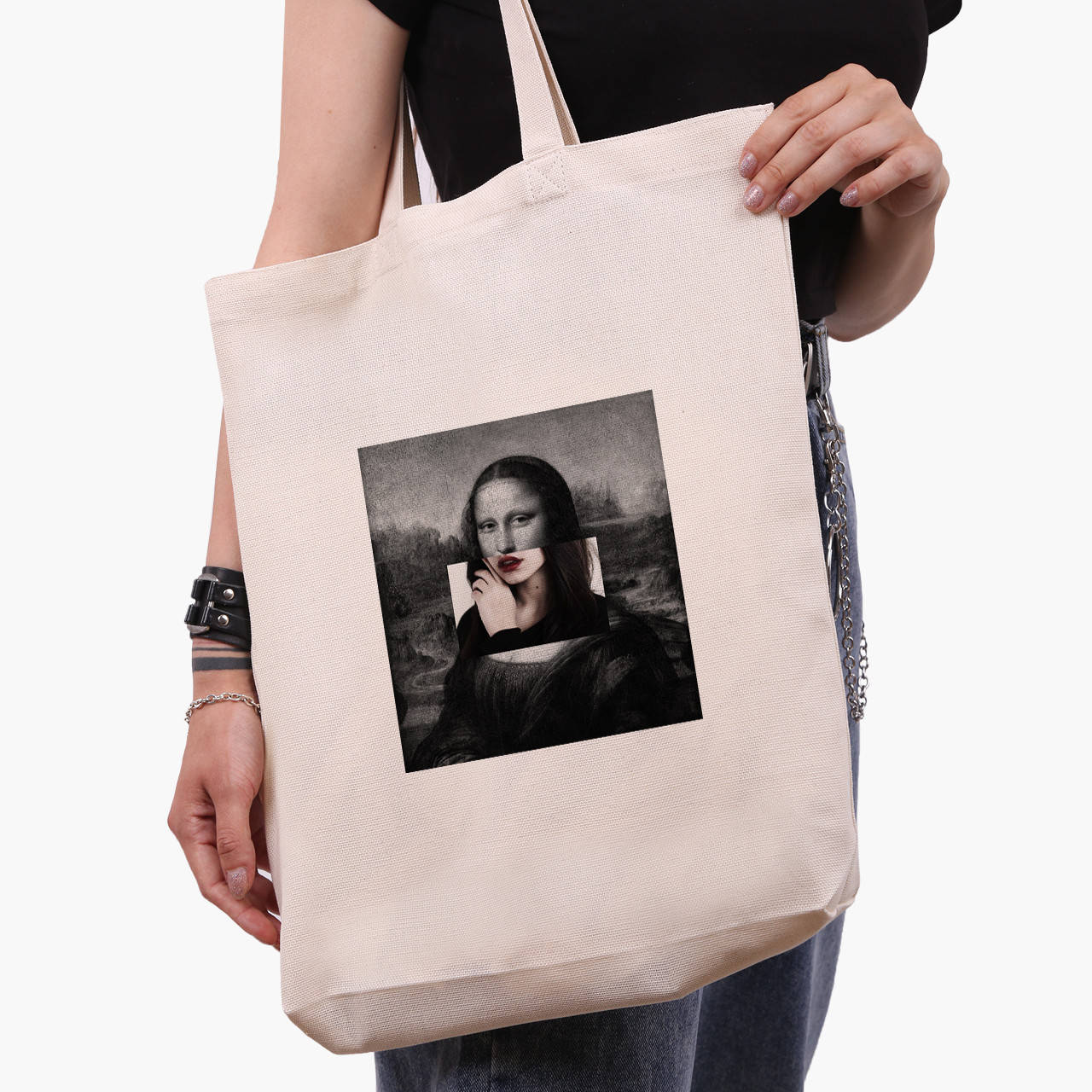 

Эко сумка Ренессанс Мона Лиза «Джоконда» (Mona Lisa La Gioconda) (9227-1202-WTD) бежевая з широким дном, Бежевый