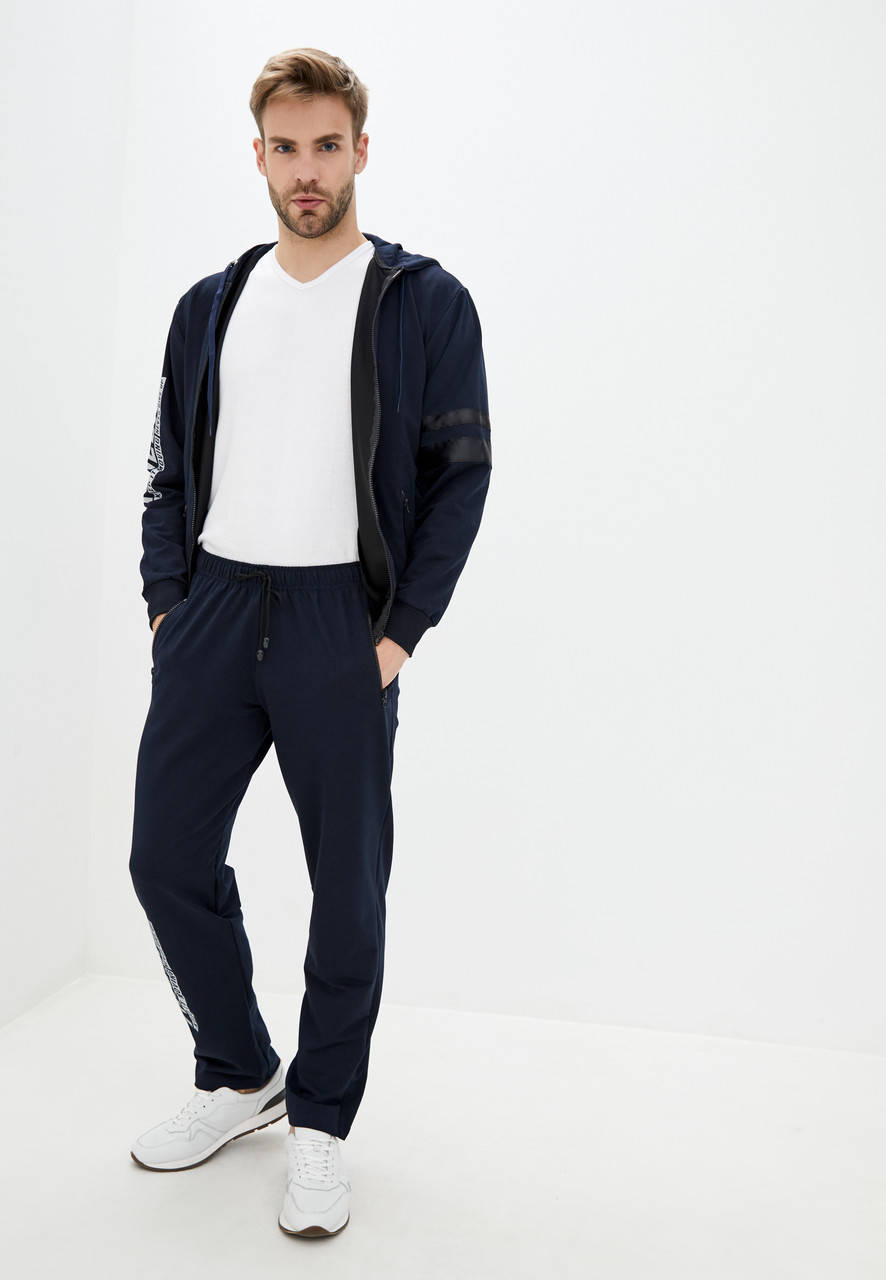 

Мужской спортивный костюм тройка, из трикотажа, демисезонный, куртка на молнии и вшитый капюшон Tailer, Темно-синий