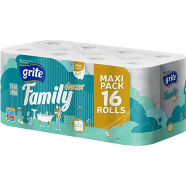 

Туалетная бумага Grite Family Decor 150 отрывов 3 слоя, 16 рулонов