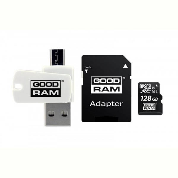

Карта памяти MicroSDXC 128GB UHS-I Class 10 Goodram + SD-adapter + OTG Card reader (M1A4-1280R12)