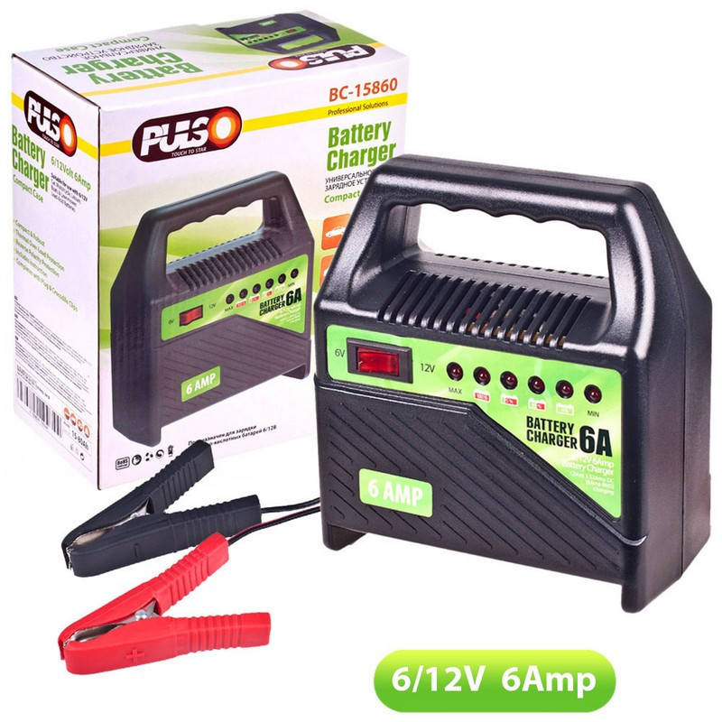 

Зарядка для автомобильного аккумулятора (АКБ), Pulso ВС-15860 зарядное устройство 6А, 6/12В для АКБ.