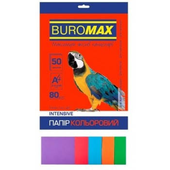 

Бумага цветная А4 80г/м2 50 листов Intensiv MIX 5 цветов Buromax ВМ.2721350-99, Разные цвета