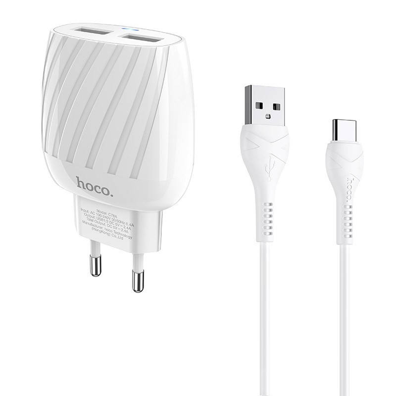 

СЗУ Hoco C78A (2USB/2.4A) + Type-C, Белый