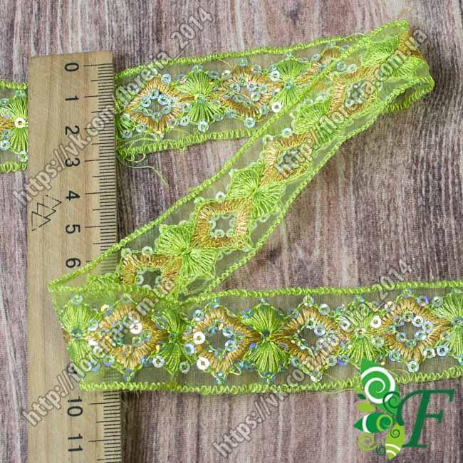 

Кружево вышивка/пайетками Ромбы_салатовое Кр-пайе-20
