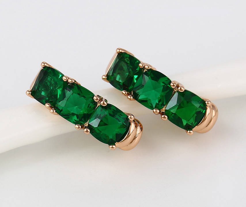 

Серьги позолоченные, Три зеленых циркония, Xuping, 14К