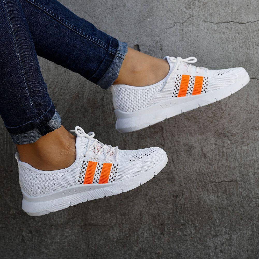 

Женские белые кроссовки на шкурках легкие сетка Бело оранжевые