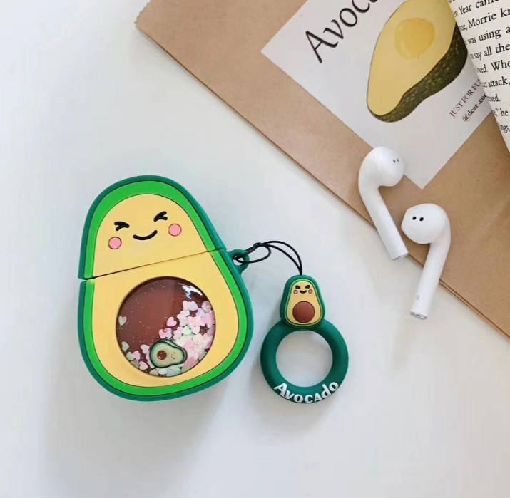 

Чехол футляр для наушников AirPods 1, 2 Авокадо с жидкими блестками силиконовый, Зелёный