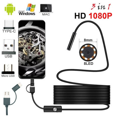 

Эндоскоп Бороскоп камера Y102 HD диаметр 7 мм. с подсветкой 3 в 1 Micro USB, Type-C и USB длинна 5 метров