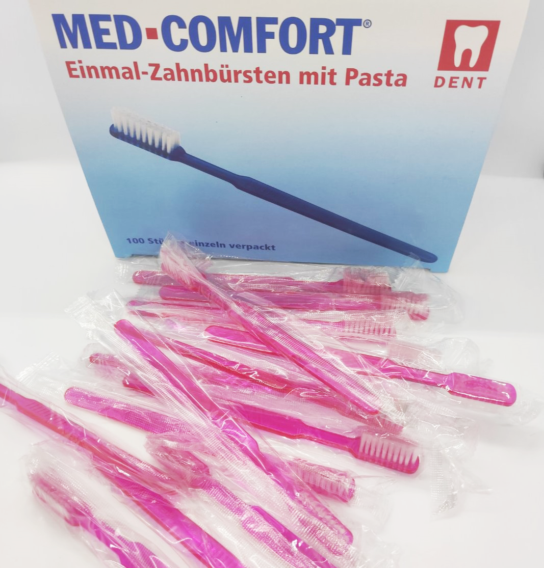 

Щётка зубная одноразовая с пастой Med Comfort розовая, 100 шт/уп, Розовый