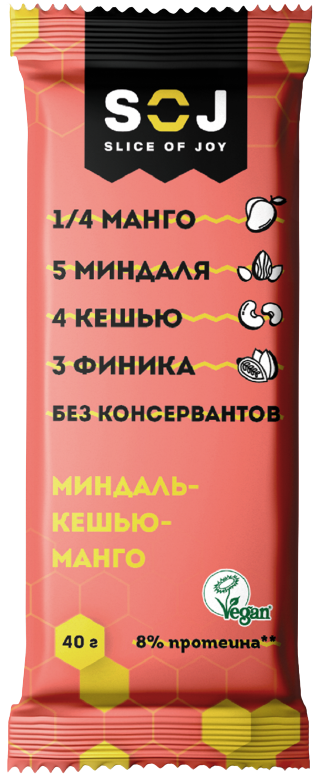 

Фруктово-ореховый батончик SOJ Манго-Миндаль-Кешью-Финик (40 грамм)