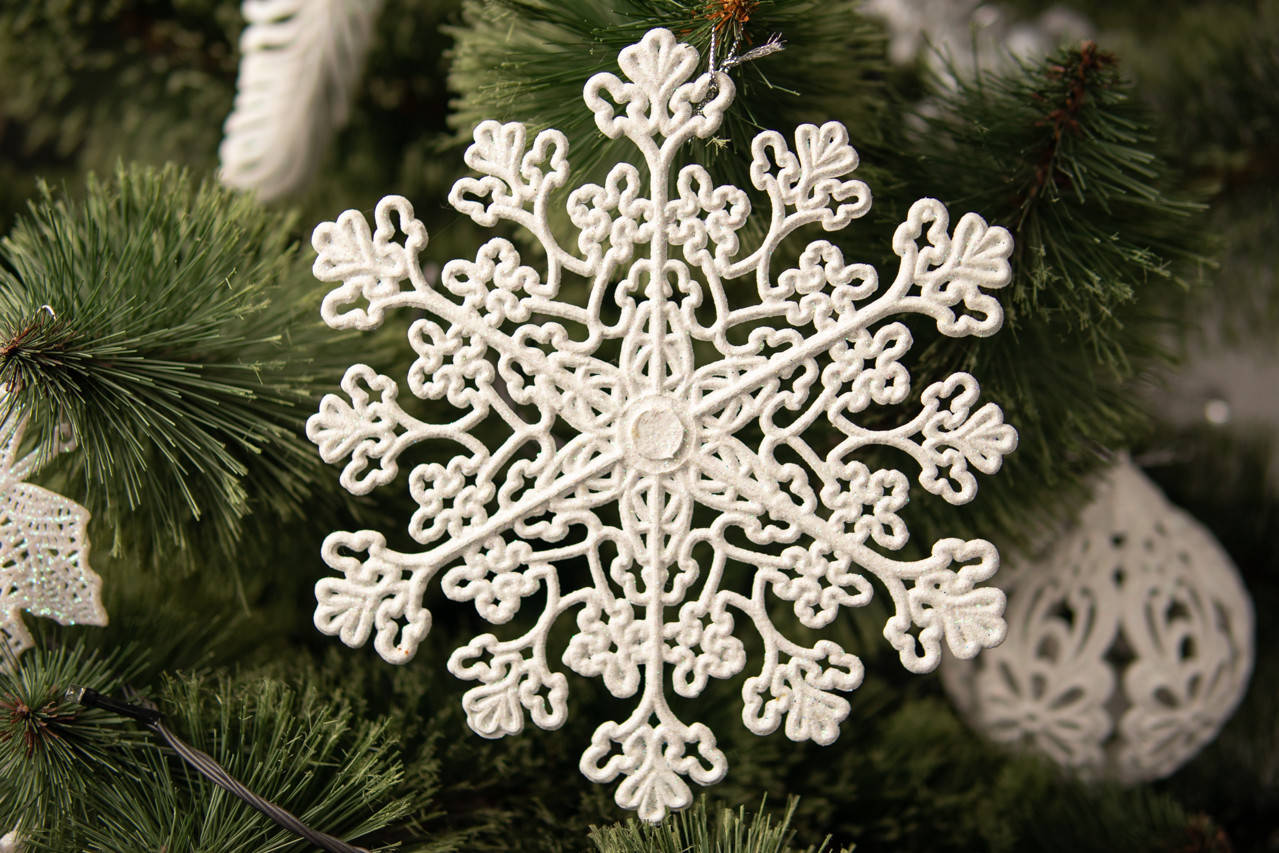 

Новогодняя игрушка из пластика цветная в блестках. Снежинка 22 см