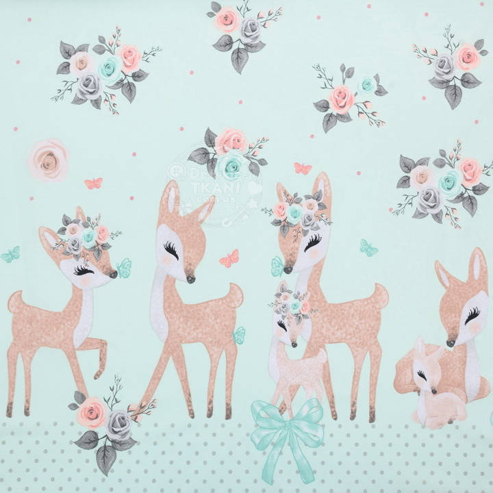 

Ткань бязь купоном "Косули и розы" на мятном, коллекция Vintage, № 2810а, Салатовый