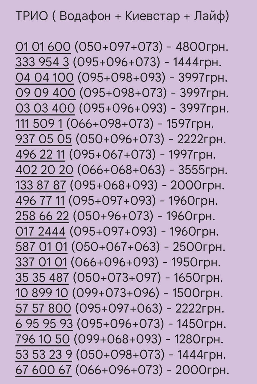 

Одинаковые номера водафон + киевстар + лайф, парные сим трио красивых номеров для бизнеса