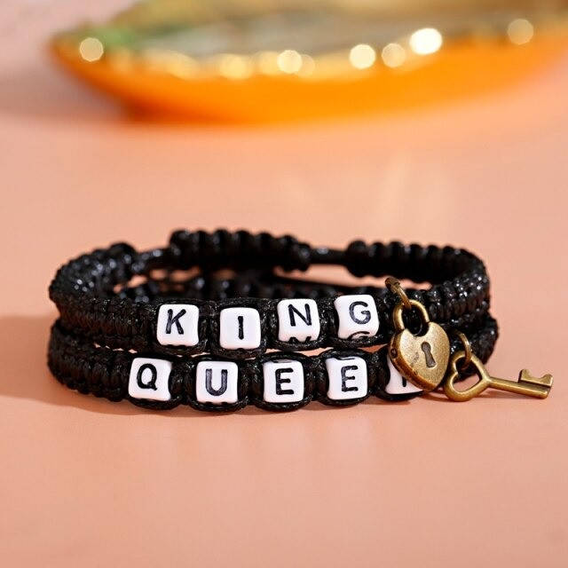 

Парные браслеты для влюбленных Queen King черные сердце с ключиком