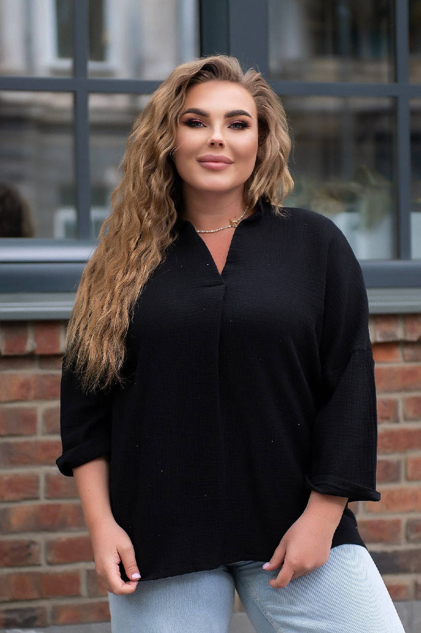 

Женская блузка белого и черного цвета ткань муслин длинный рукав размер: 48/50,52/54,56/58, Черный