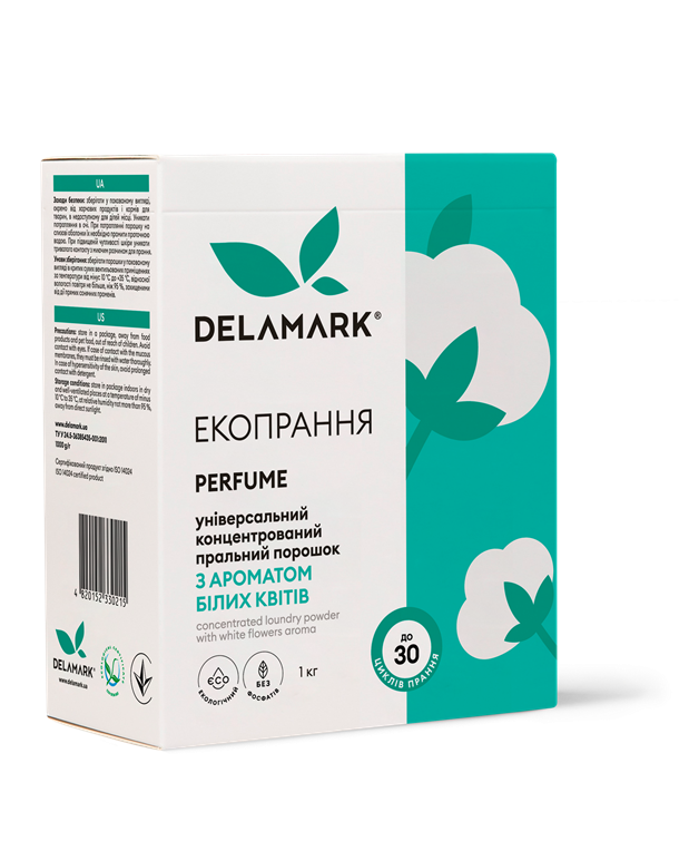 

Бесфосфатный стиральный порошок DeLaMark Universal с ароматом белых цветов, 1 кг