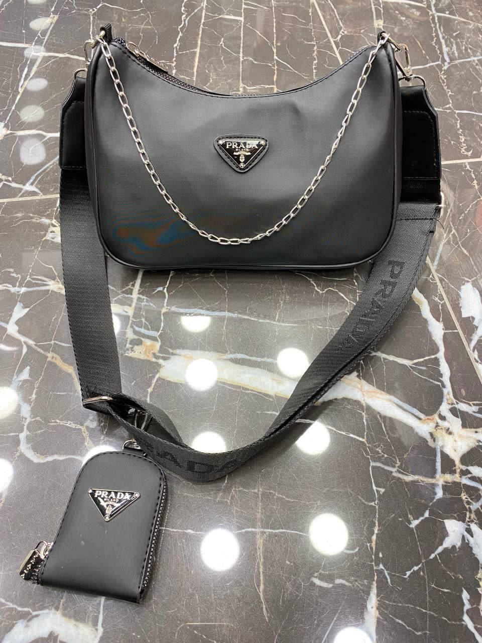 

Сумка черная нейлоновая женская PRADA 2в1 Сумка Прада Сумочка Клатч Кросс-боди, Черный