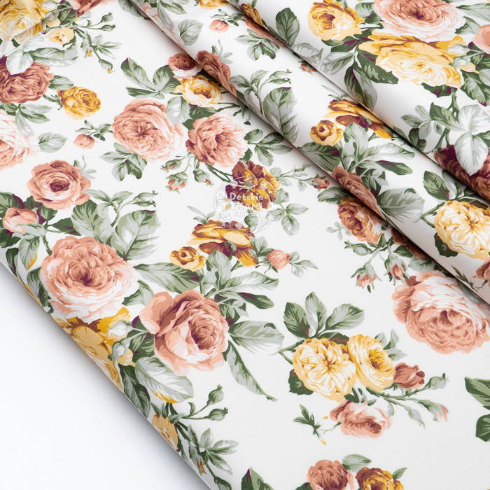 

Ткань сатин "Крупные чайные розы" пудровые и жёлтые на белом фоне, №4059с, Разные цвета