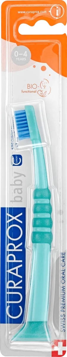 

Детская зубная щетка мятная с синими щетинками curaprox baby 4260, 0-4 года, Синий