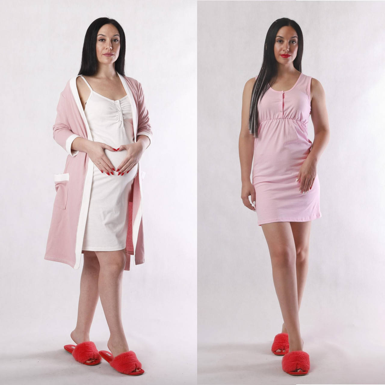 

Теплый халат и две ночнушки для беременных и кормящих в роддом Розовый, 46-48