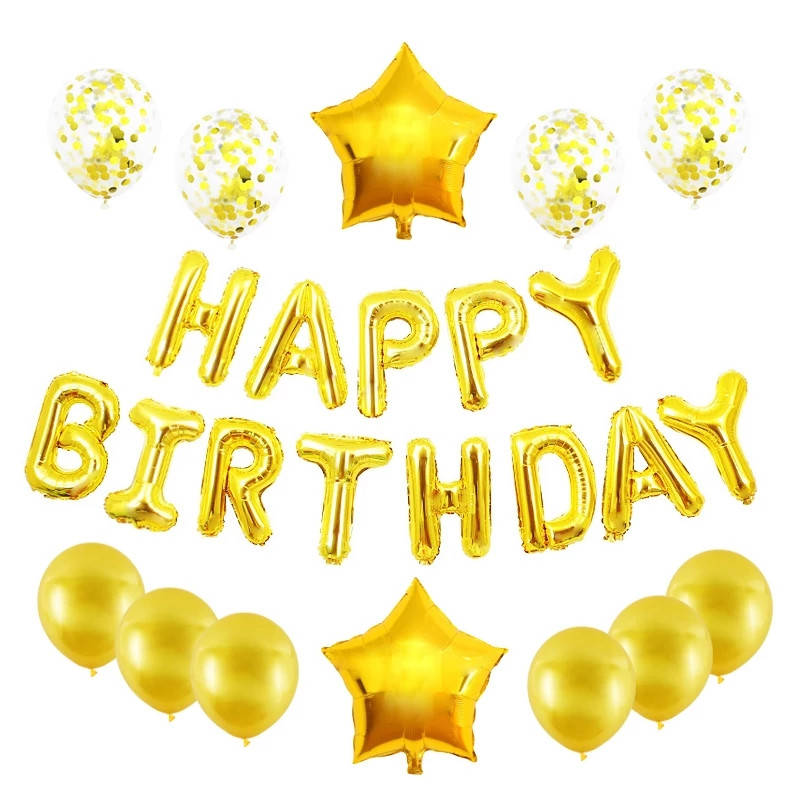 

Набор шаров золотой ( 13 предметов) с гирляндой Happy birthday для фотозоны