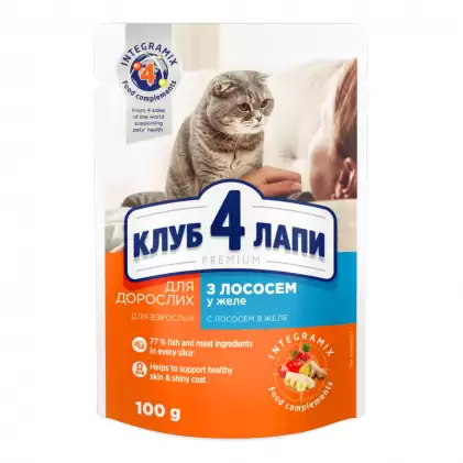 

Клуб 4 Лапы влажный корм с лососем в желе для кошек 0,1кг (Club 4 Paws Premium With Salmon)