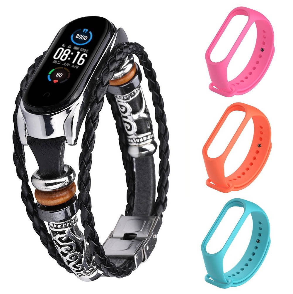 

Ремешок винтажный для фитнес-браслета Xiaomi Mi Band 3 и 4 Type A Black-silver + 3 цветных ремешка