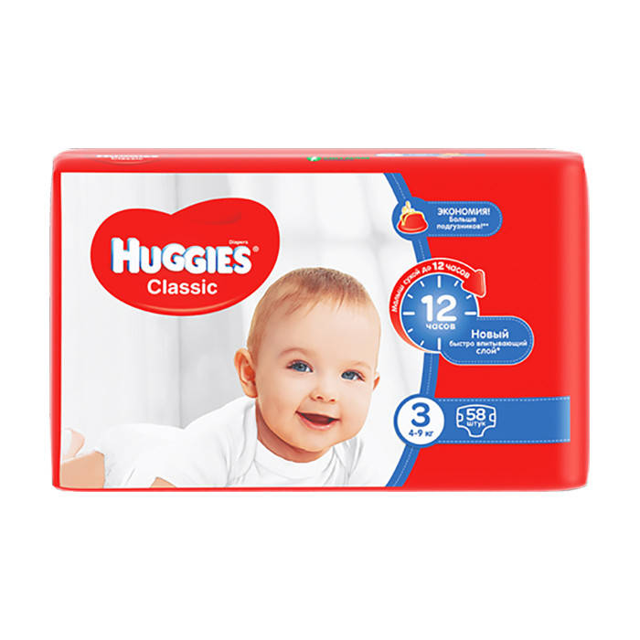 

Подгузники детские Huggies classic 3 (5-9 кг) 58шт, Белый