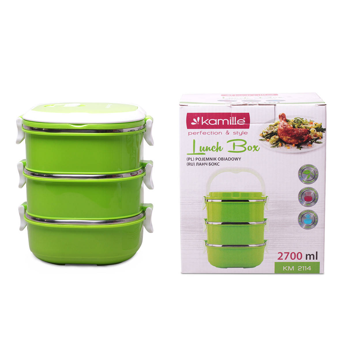 

Ланч бокс тройной Kamille Зеленый 2700мл для обедов из пластика и нержавеющей стали KM-2114