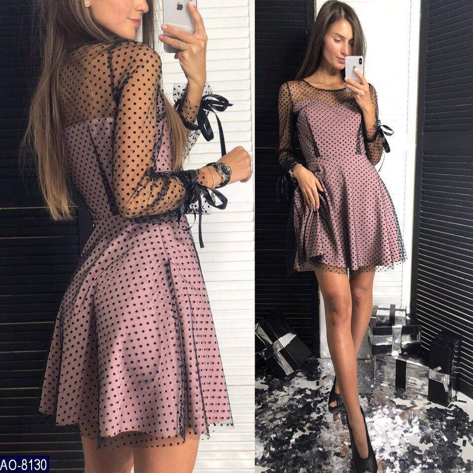 

Платье женское нарядное черная сеточка в бархатный горошек