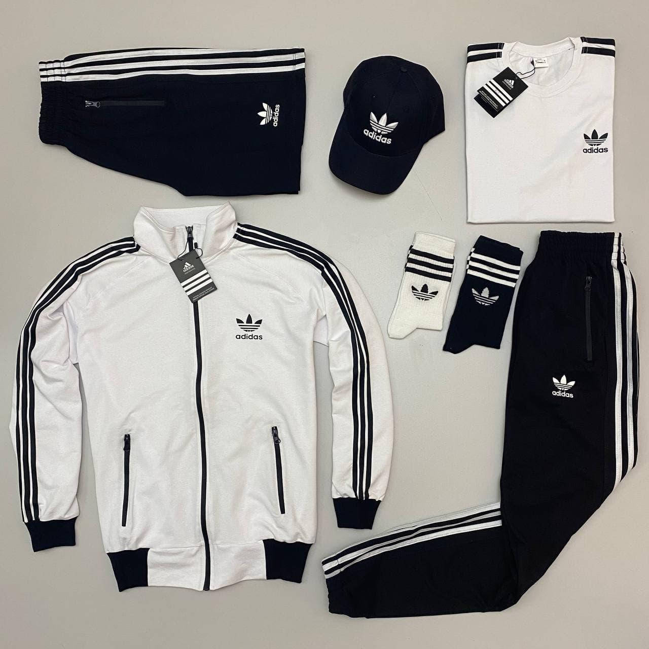 

Мужской спортивный костюм Adidas Адидас кофта с молнией шорты и кепка носки в подарок 7в1 черно белый XXL
