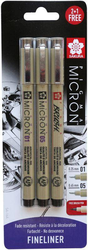 

Набор линеров PIGMA MICRON 2шт, (0.1/0.5) + 1 линер-кисть Pigma Brush В ПОДАРОК, Черный, в блистере,