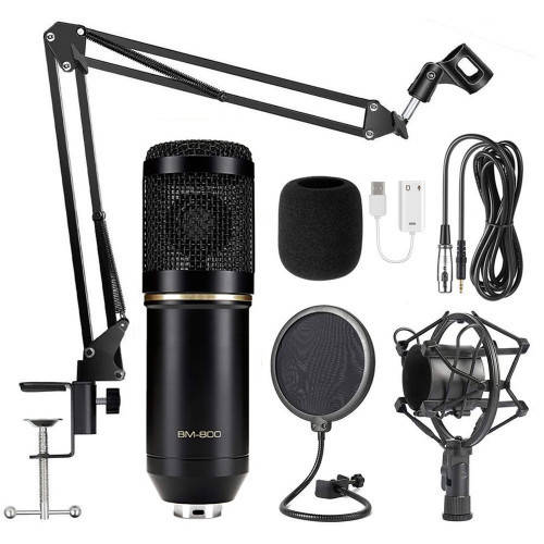 

Микрофон студийный конденсаторный с пантографом, ветрозащитой и звуковой картой BM-800 Черный
