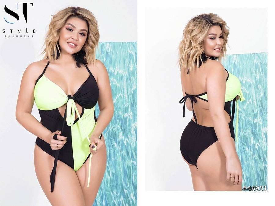 

Стильный двухцветный купальник монокини с открытой зоной талии и спины, батал большие размеры, Салатовый