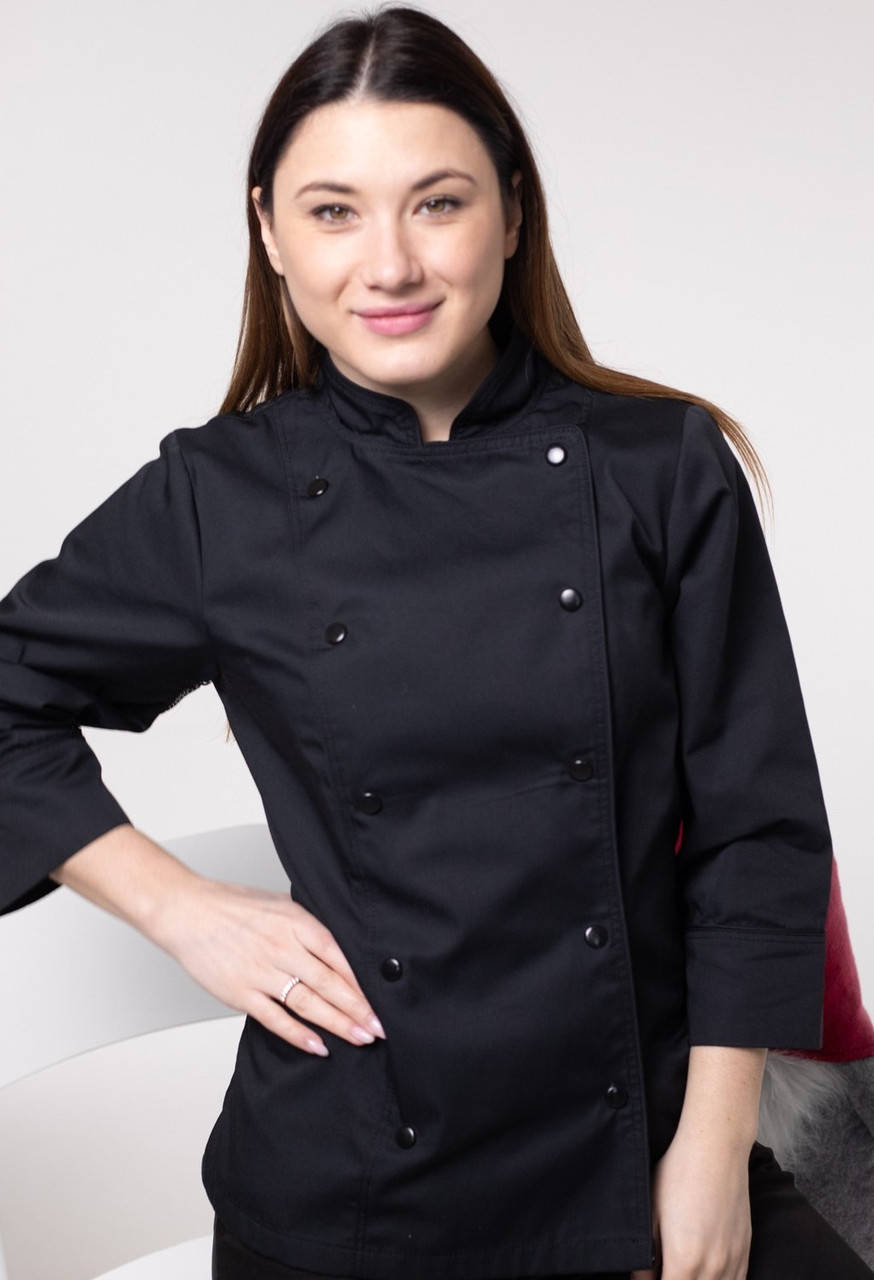 

Китель шеф повара АПИМИЯ женский черный двубортный с сеткой на спине и под руками