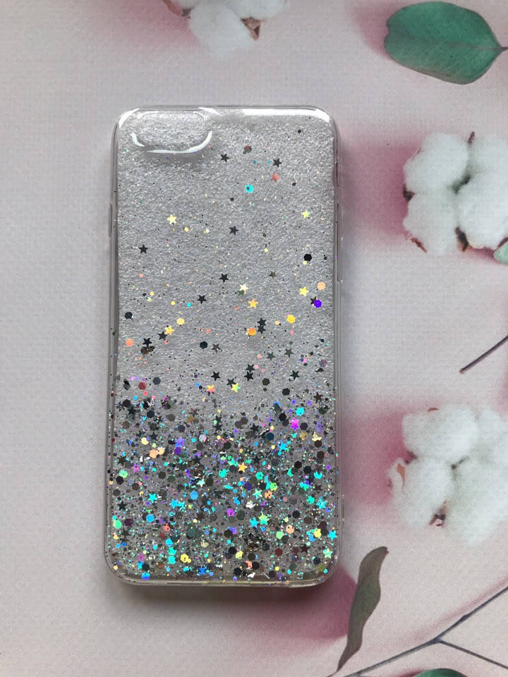 

Силиконовый чехол с блестками для iPhone 6 6s Серебро на прозрачном, Прозрачный