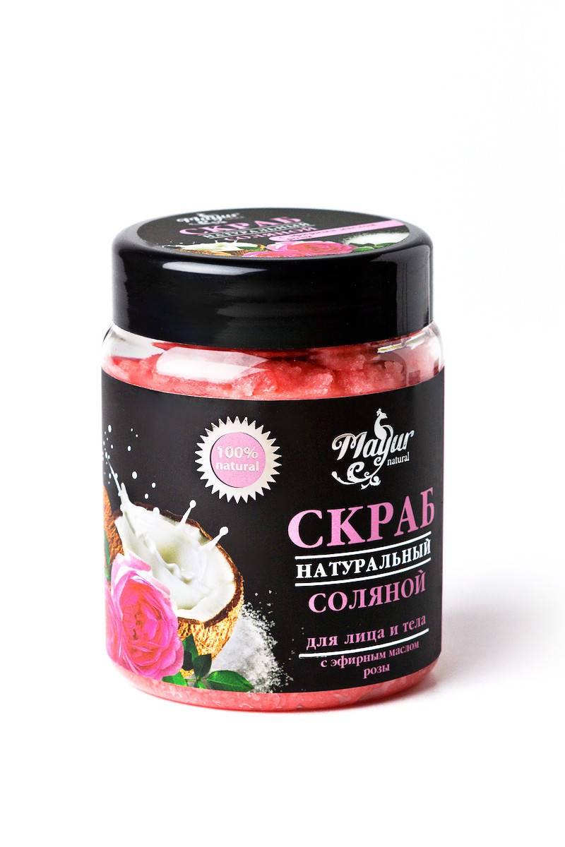 

Натуральный соляной скраб для лица и тела с эфирным маслом розы Mayur, 250 г.