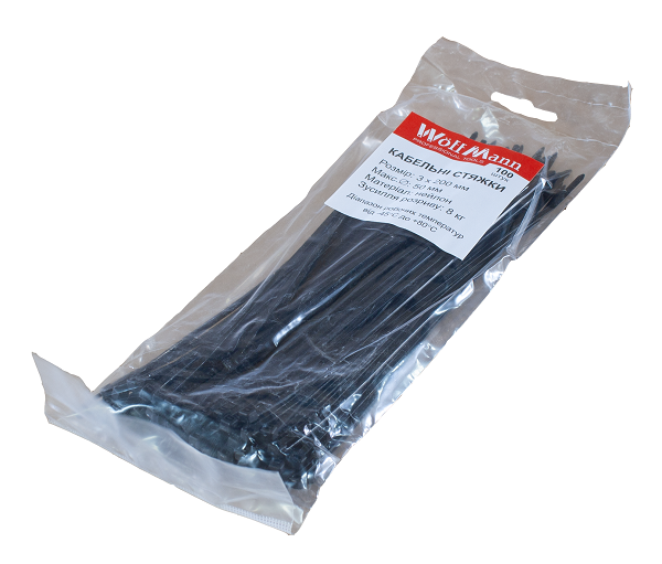 

Хомуты стяжки 3 х 200 мм нейлоновые пластиковые черные 100 шт./уп. WoffMann, Черный