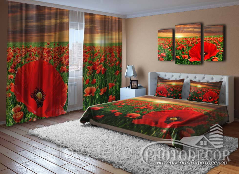 Фото Комплект для спальні "Поле з маками" Штори (2,50*2,60), Покривало (2,0*1,50). Читаємо опис!