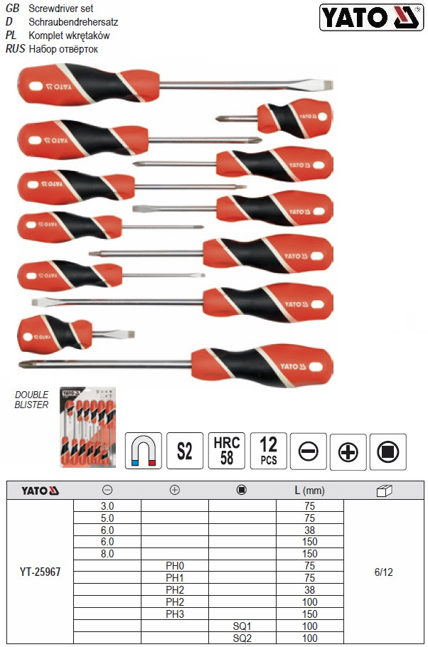 Набір викруток SL PH SQ 12 штук YT-25967