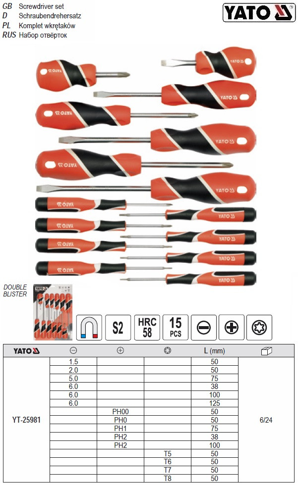 Набор отверток YATO SL PH TORX 15 штук YT-25981: заказ, цены