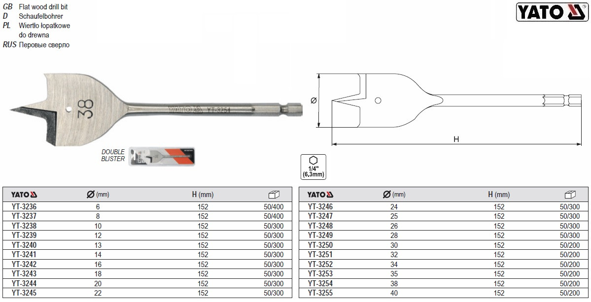 Свердло перш щеткае дерево хвостовик 6 граней 1/4" Ø=6 мм l=152 мм YATO-3236