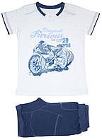 Костюм літній для хлопчика, біла футболка з мотоциклом та сині шорти, зріст 128 см, Ля-ля