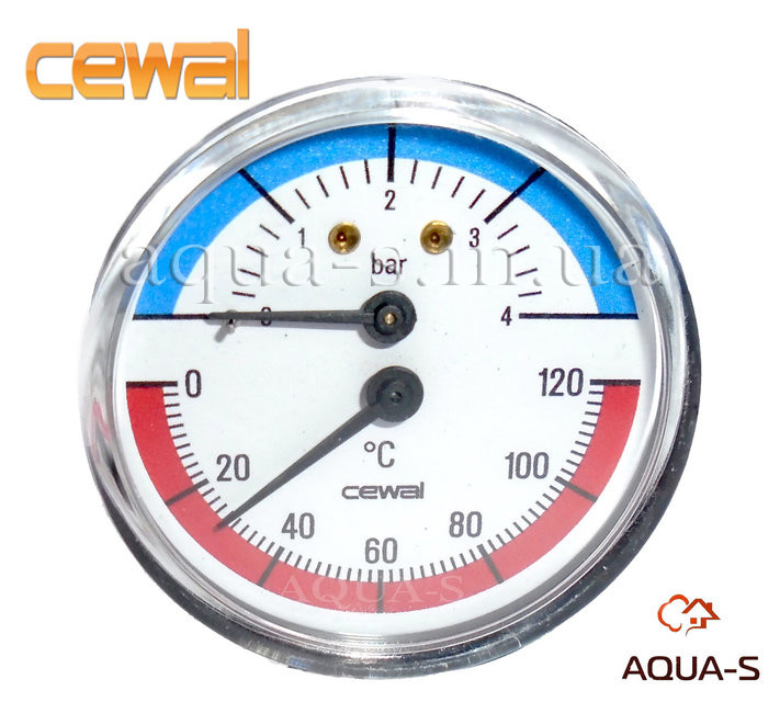 Термоманометр для опалення CEWAL 6 бар, 120 °C (D 80 мм) фронтальний (Італія)