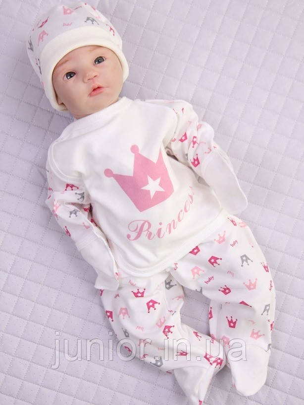 Комплект на виписку новонароджених із сорочечкою, штаниками та шапочкою, Princess