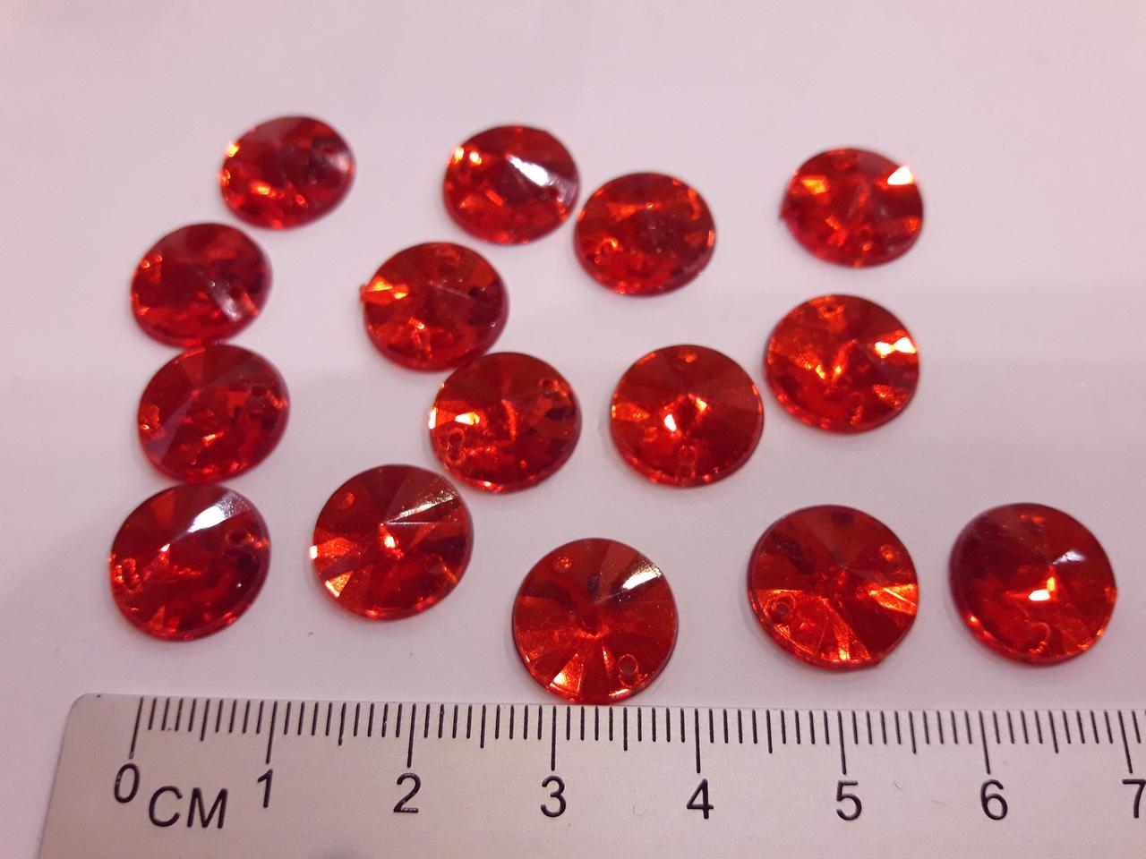 Стрази пришивні   акрилові пластикові. Червоні яскраві, 30 шт, круглі ( 12 мм)