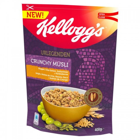 Мюслі вівсяні Kelloggs Urlegenden Crunchy Müsli з ріжком, насінням чіа, насінням гарбуза та родзинками, 400 г