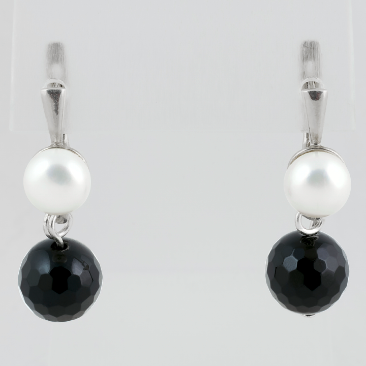 Агат чорний гранований і перли, срібло, 169СРА